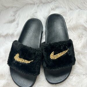 Nike Black Faux Fur Slides with Gold Crystal Swooshes